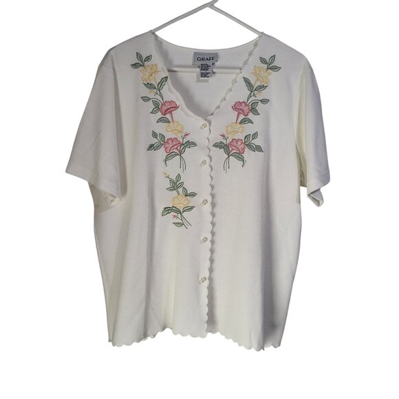 VTG Women's SZ LG Graff Knit Scalloped Pearl Button Top Blouse Floral Grandma - Picture 1 of 9